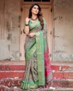 Pure Dola Silk Digitally Printed Saree with Golden Zari and Tassels