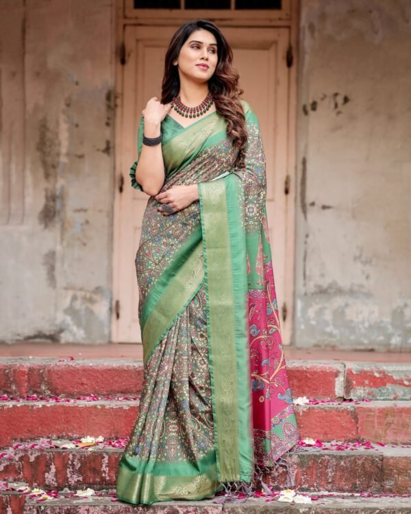 Pure Dola Silk Digitally Printed Saree with Golden Zari and Tassels - Image 1