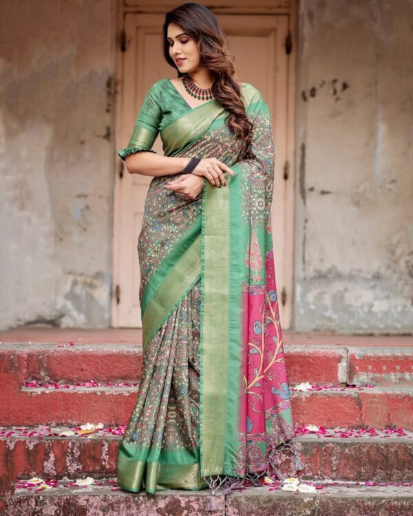 Pure Dola Silk Digitally Printed Saree with Golden Zari and Tassels - Image 5