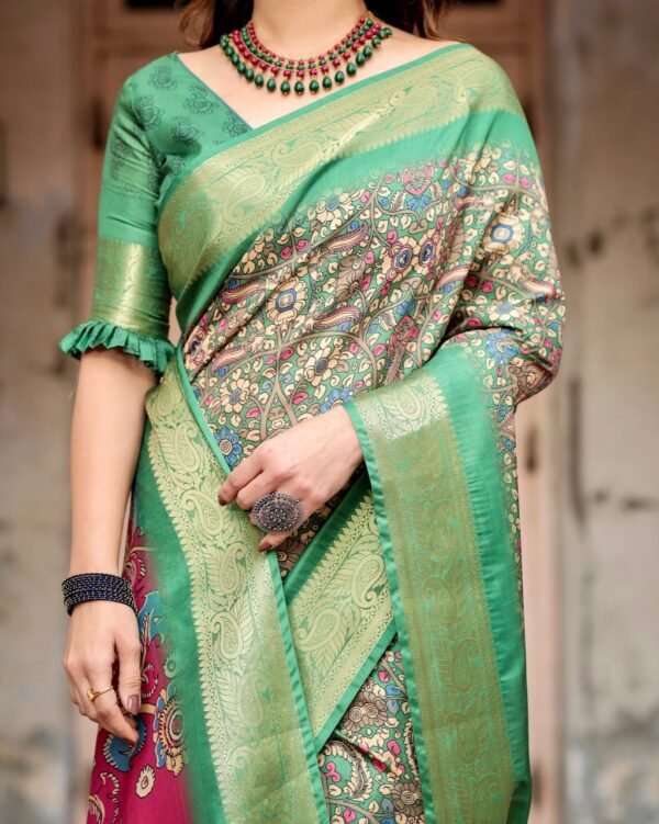 Pure Dola Silk Digitally Printed Saree with Golden Zari and Tassels - Image 7
