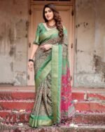 Pure Dola Silk Digitally Printed Saree with Golden Zari and Tassels - Image 9