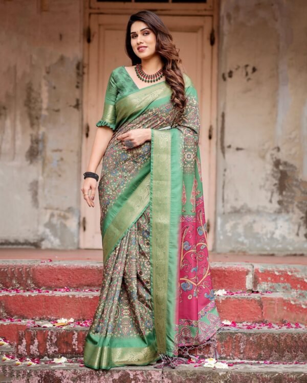 Pure Dola Silk Digitally Printed Saree with Golden Zari and Tassels - Image 9