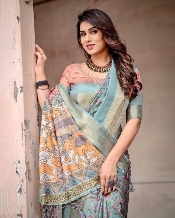 Pure Dola Silk Digitally Printed Saree with Golden Zari and Tassels  - Image 7