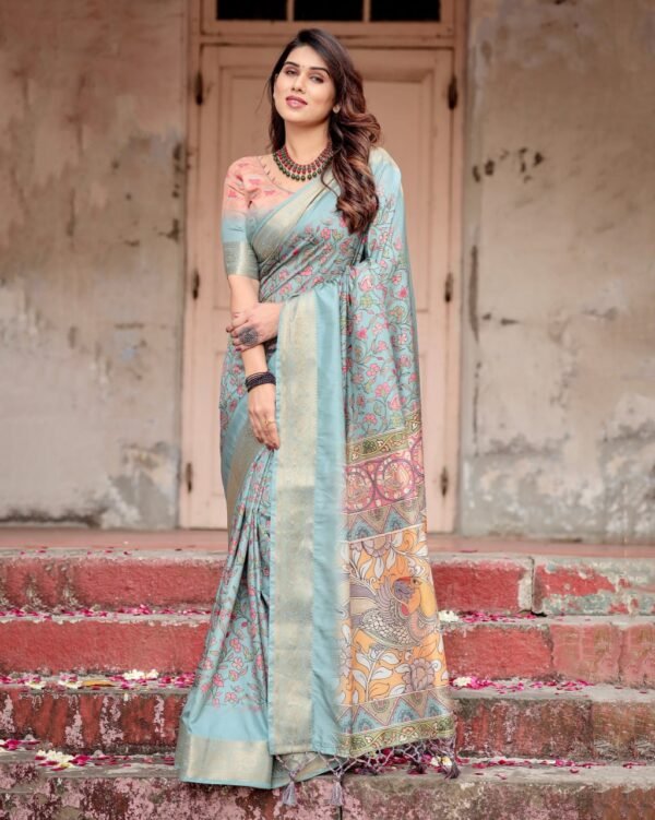 Pure Dola Silk Digitally Printed Saree with Golden Zari and Tassels  - Image 1