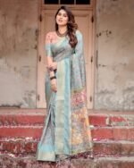 Pure Dola Silk Digitally Printed Saree with Golden Zari and Tassels - Image 6