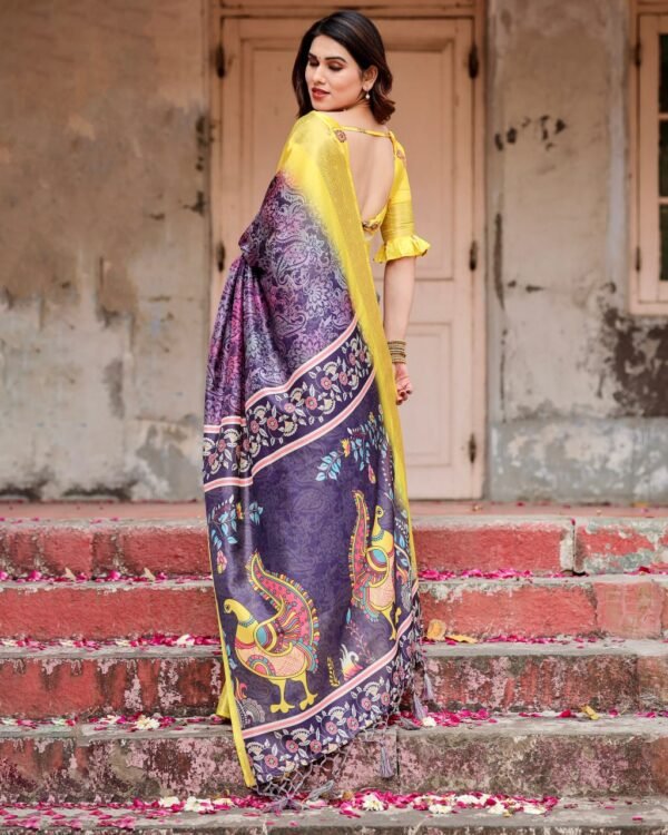 Pure Dola Silk Digitally Printed Saree with Golden Zari and Tassels - Image 8