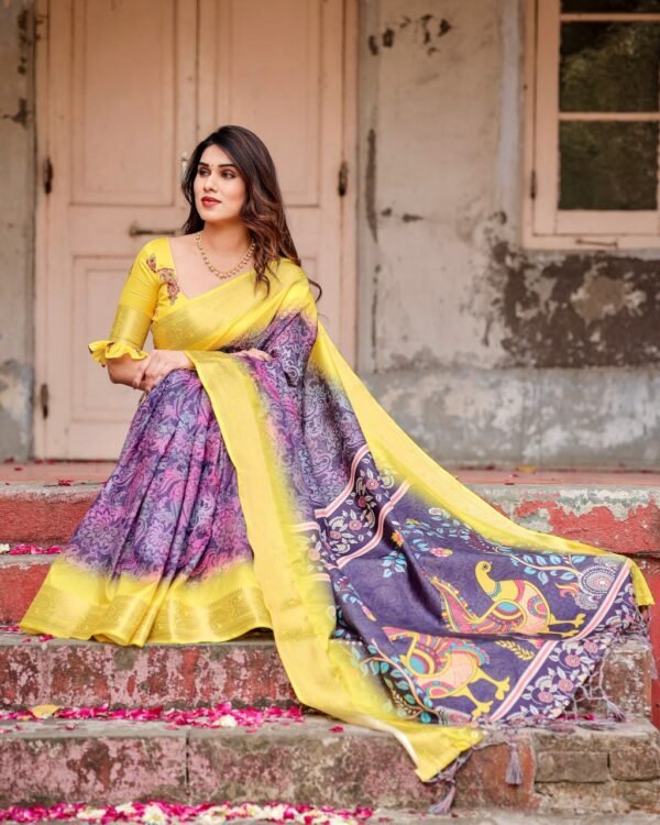 Pure Dola Silk Digitally Printed Saree with Golden Zari and Tassels - Image 7