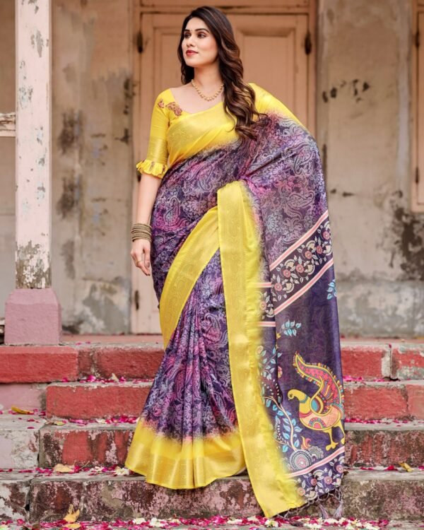 Pure Dola Silk Digitally Printed Saree with Golden Zari and Tassels - Image 6