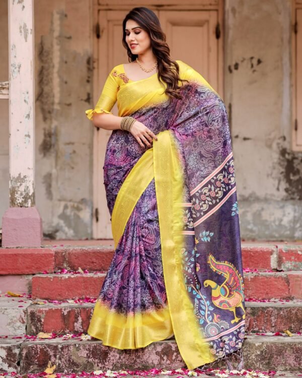 Pure Dola Silk Digitally Printed Saree with Golden Zari and Tassels - Image 5