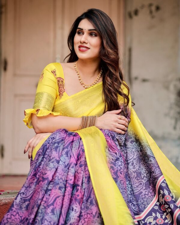Pure Dola Silk Digitally Printed Saree with Golden Zari and Tassels - Image 4