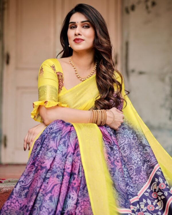 Pure Dola Silk Digitally Printed Saree with Golden Zari and Tassels - Image 2