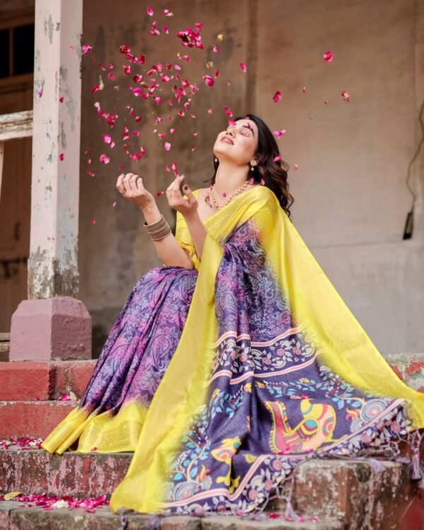 Pure Dola Silk Digitally Printed Saree with Golden Zari and Tassels - Image 3