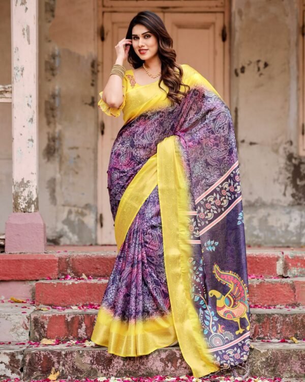Pure Dola Silk Digitally Printed Saree with Golden Zari and Tassels - Image 1
