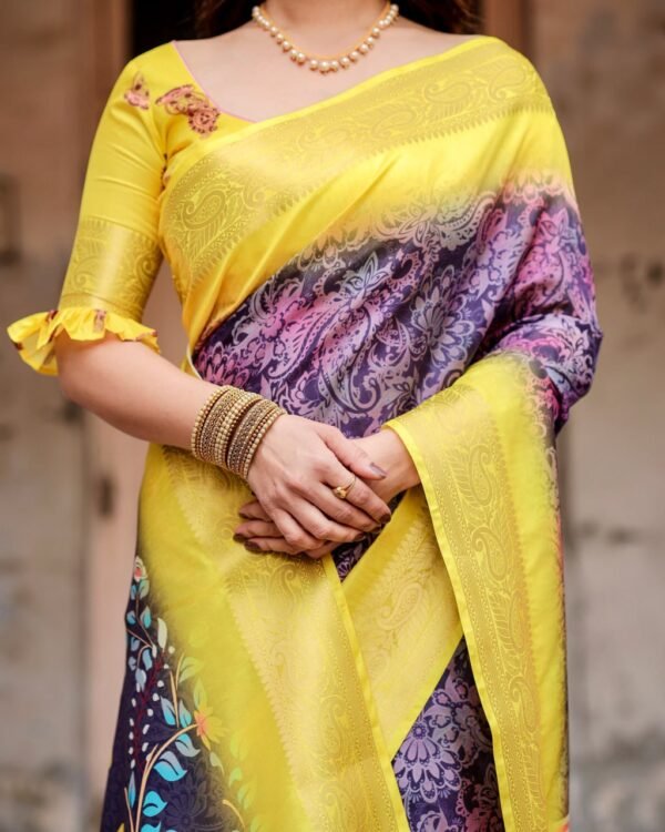 Pure Dola Silk Digitally Printed Saree with Golden Zari and Tassels - Image 9