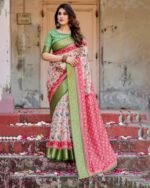 Pure Dola Silk Digitally Printed Saree with Golden Zari and Tassels - Image 4