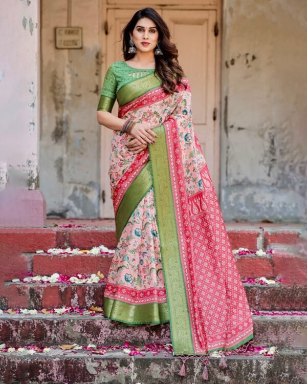 Pure Dola Silk Digitally Printed Saree with Golden Zari and Tassels  - Image 1