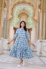 Designer Bagru Handblock Printed Frill Long One Piece Dress - Image 3