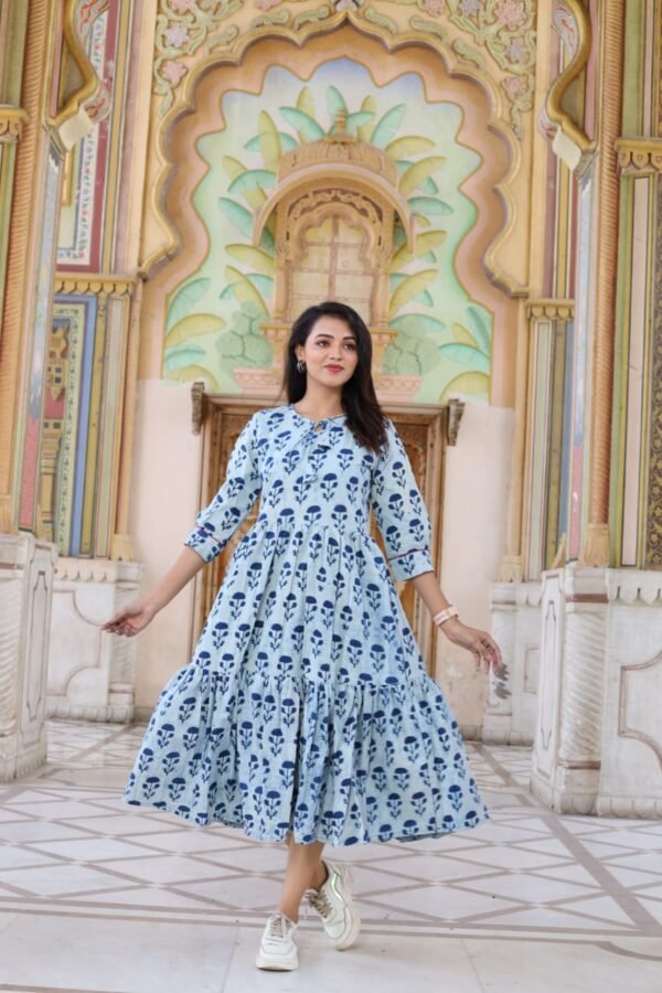 Designer Bagru Handblock Printed Frill Long One Piece Dress - Image 3