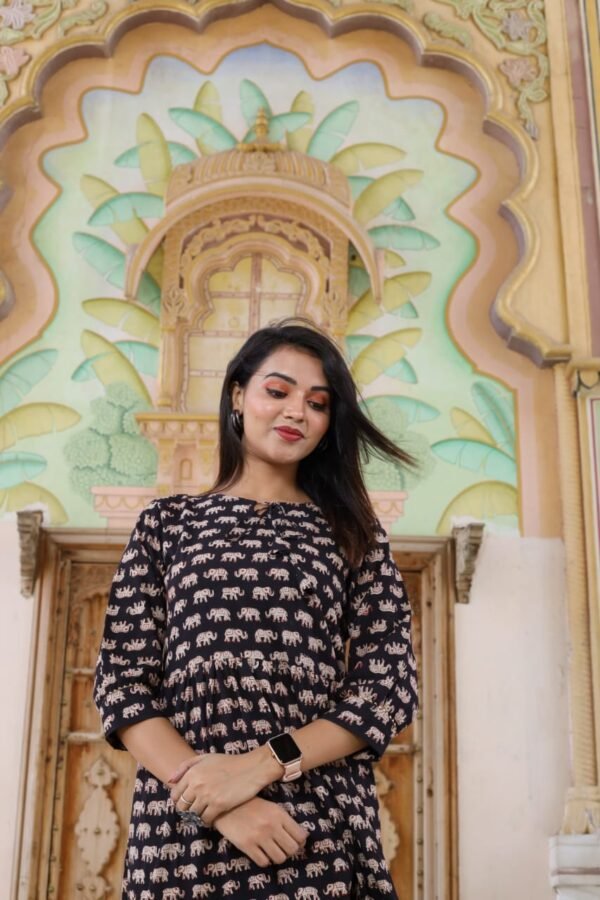 Designer Bagru Handblock Printed Frill Long One Piece Dress - Image 3