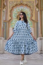Designer Bagru Handblock Printed Frill Long One Piece Dress - Image 4