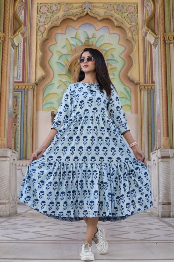 Designer Bagru Handblock Printed Frill Long One Piece Dress - Image 4