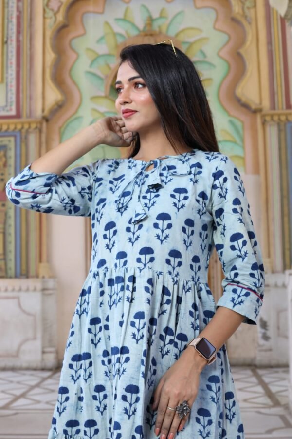Designer Bagru Handblock Printed Frill Long One Piece Dress - Image 2