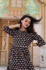 Designer Bagru Handblock Printed Frill Long One Piece Dress - Image 4