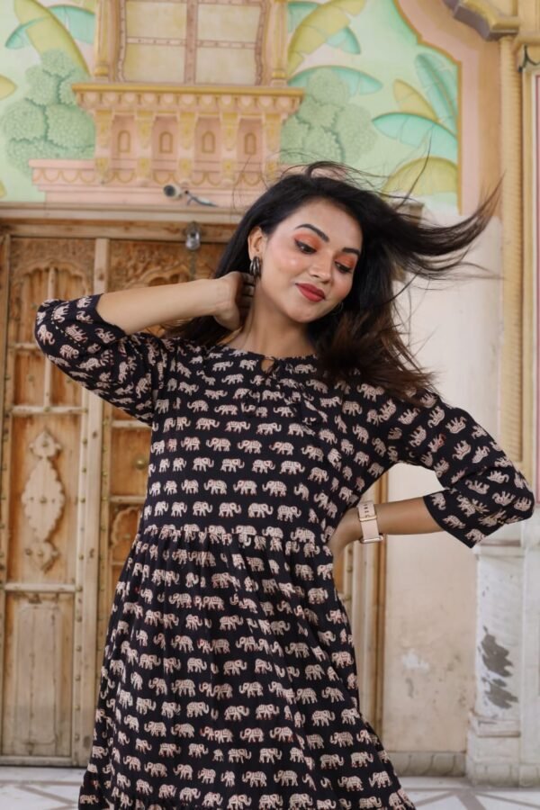 Designer Bagru Handblock Printed Frill Long One Piece Dress - Image 4