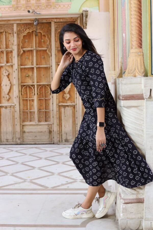 Designer Bagru Handblock Printed Frill Long One Piece Dress - Image 4