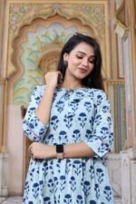 Designer Bagru Handblock Printed Frill Long One Piece Dress