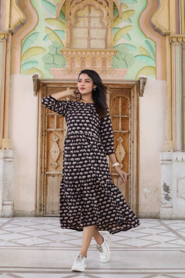 Designer Bagru Handblock Printed Frill Long One Piece Dress - Image 2
