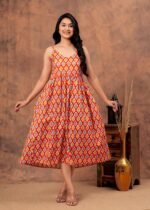 Designer Bagru Handblock Print Cotton Midi Dress-One Piece - Image 3