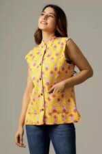 Women Designer Floral Print Winter Quilted Reversible Crop Sleeveless Jacket - Image 2