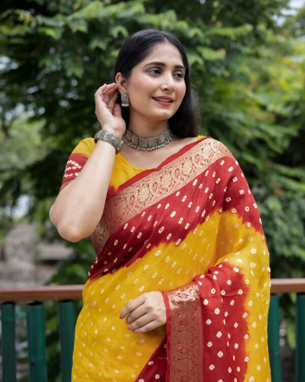 Bandhej Silk Red-Yellow Color Sarees