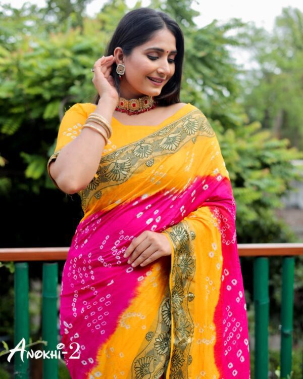 Yellow-Pink Color Pure Handmade Bandhej Designer Sarees