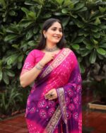 Purpule-Pink Color Pure Handmade Bandhej Designer Sarees