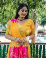 Yellow Color Pure Handmade Bandhej Designer Sarees