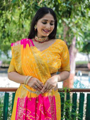 Yellow Color Pure Handmade Bandhej Designer Sarees