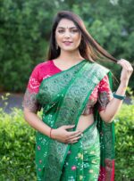 Green Color Pure Handmade Bandhej Designer Sarees