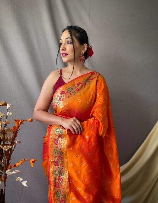 Exquisite Banarasi Paithani Silk Saree with Floral Zari Weaving – Available in 7 Colors | My Handicraft India - Image 4