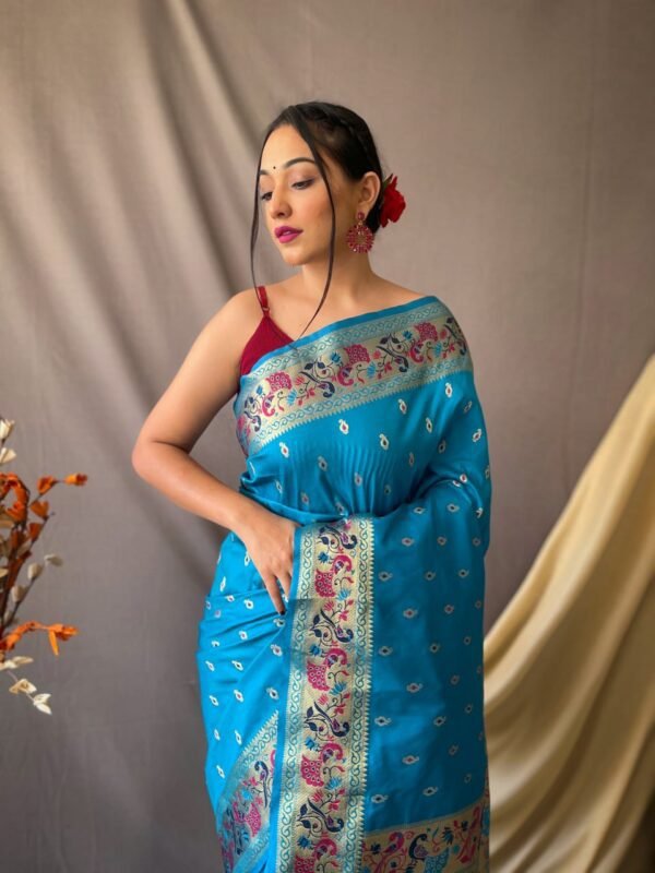Exquisite Banarasi Paithani Silk Saree with Floral Zari Weaving – Available in 7 Colors | My Handicraft India - Image 3