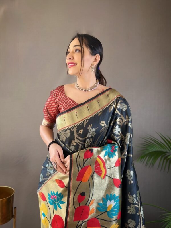 Exquisite Paithani Silk Saree with Floral Zari Weaving – Available in 5 Colors | My Handicraft India - Image 3