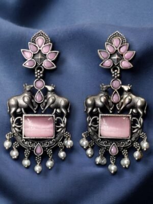 Oxidized Nandi Earrings Baby Pink Monalisa Stone