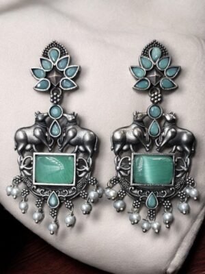 Lightweight Oxidized Nandi Earrings Mint Monalisa Stone